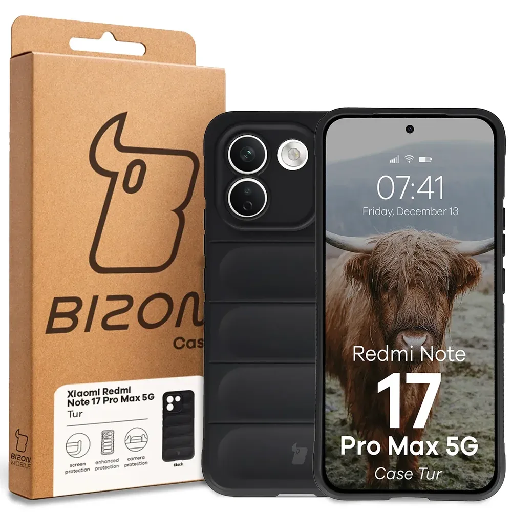 Przód pudełka Bizon Case z dedykowaną etykietą do Xiaomi Redmi Note 17 Pro Max 5G