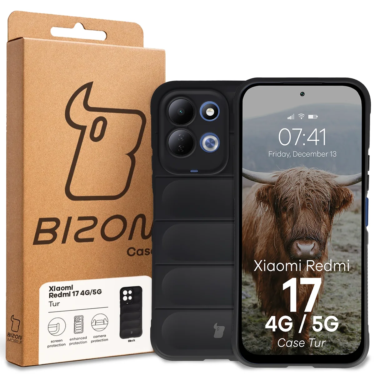 Przód pudełka Bizon Case z dedykowaną etykietą do Xiaomi Redmi 17 5G / 4G