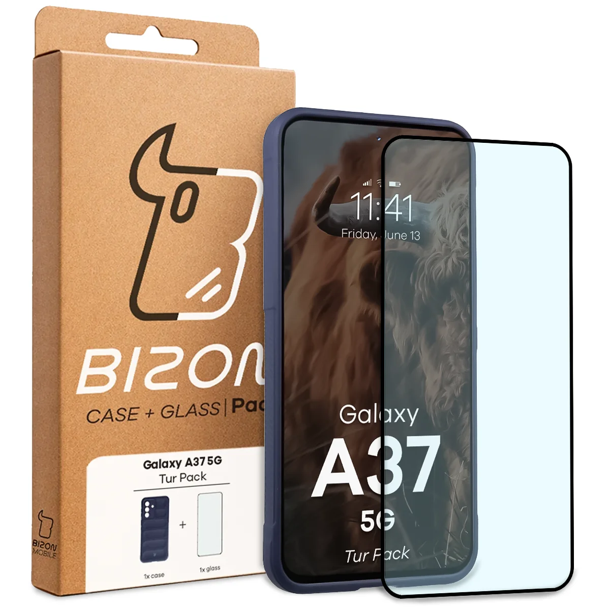 Przód pudełka Bizon Tur Pack z dedykowaną etykietą do Galaxy A37 5G