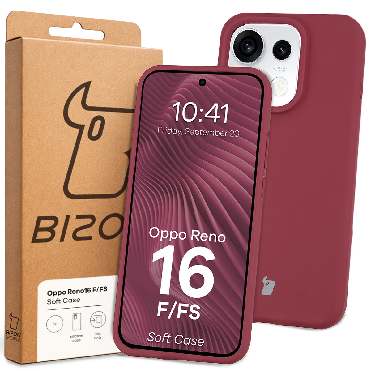 Przód pudełka Bizon Case z dedykowaną etykietą do OPPO Reno16 F, OPPO Reno16 FS