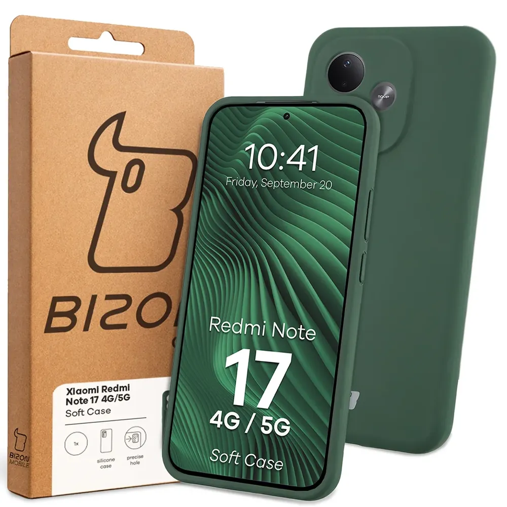 Przód pudełka Bizon Case z dedykowaną etykietą do Xiaomi Redmi Note 17 4G/5G