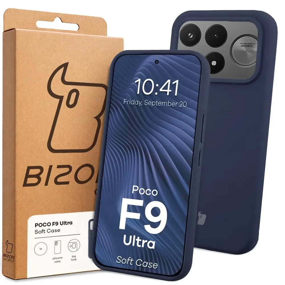 Przód pudełka Bizon Case z dedykowaną etykietą do Xiaomi POCO F9 Ultra