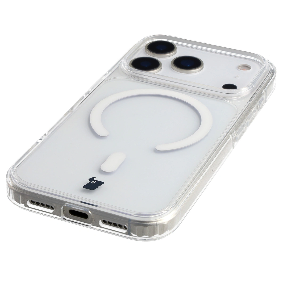 Zintegrowane przyciski, wycięcia i hybrydowy materiał w etui Bizon Case CrystalO do iPhone 18 Pro / 17 Pro