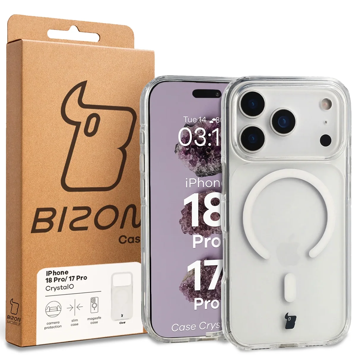 Przód pudełka Bizon Case z dedykowaną etykietą do iPhone 18 Pro / 17 Pro