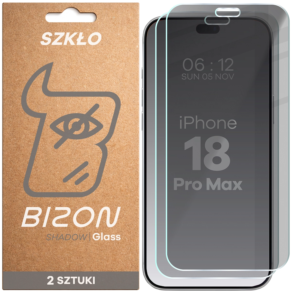 Pudełko i szkło prywatyzujące Bizon Glass Clear Shadow Duo do iPhone 18 Pro Max