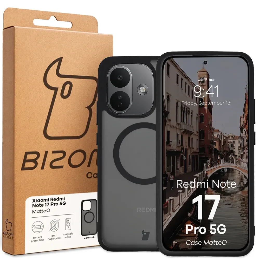 Przód pudełka Bizon Case z dedykowaną etykietą do Xiaomi Redmi Note 17 Pro 5G