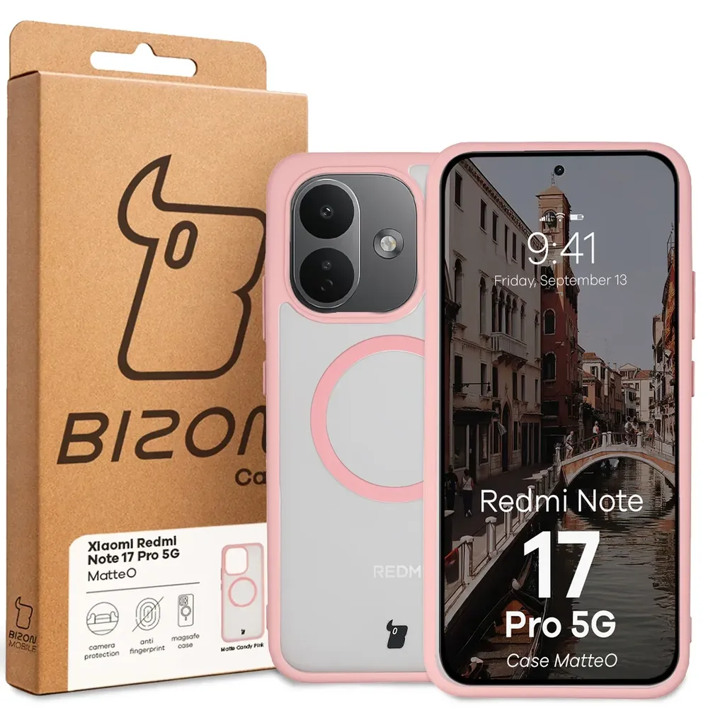 Przód pudełka Bizon Case z dedykowaną etykietą do Xiaomi Redmi Note 17 Pro 5G