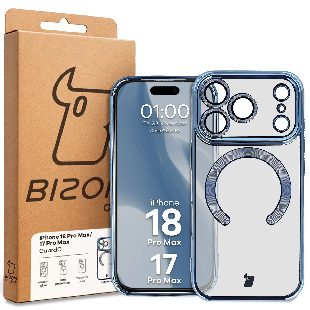 Przód pudełka Bizon Case z dedykowaną etykietą do iPhone 18 Pro Max / 17 Pro Max