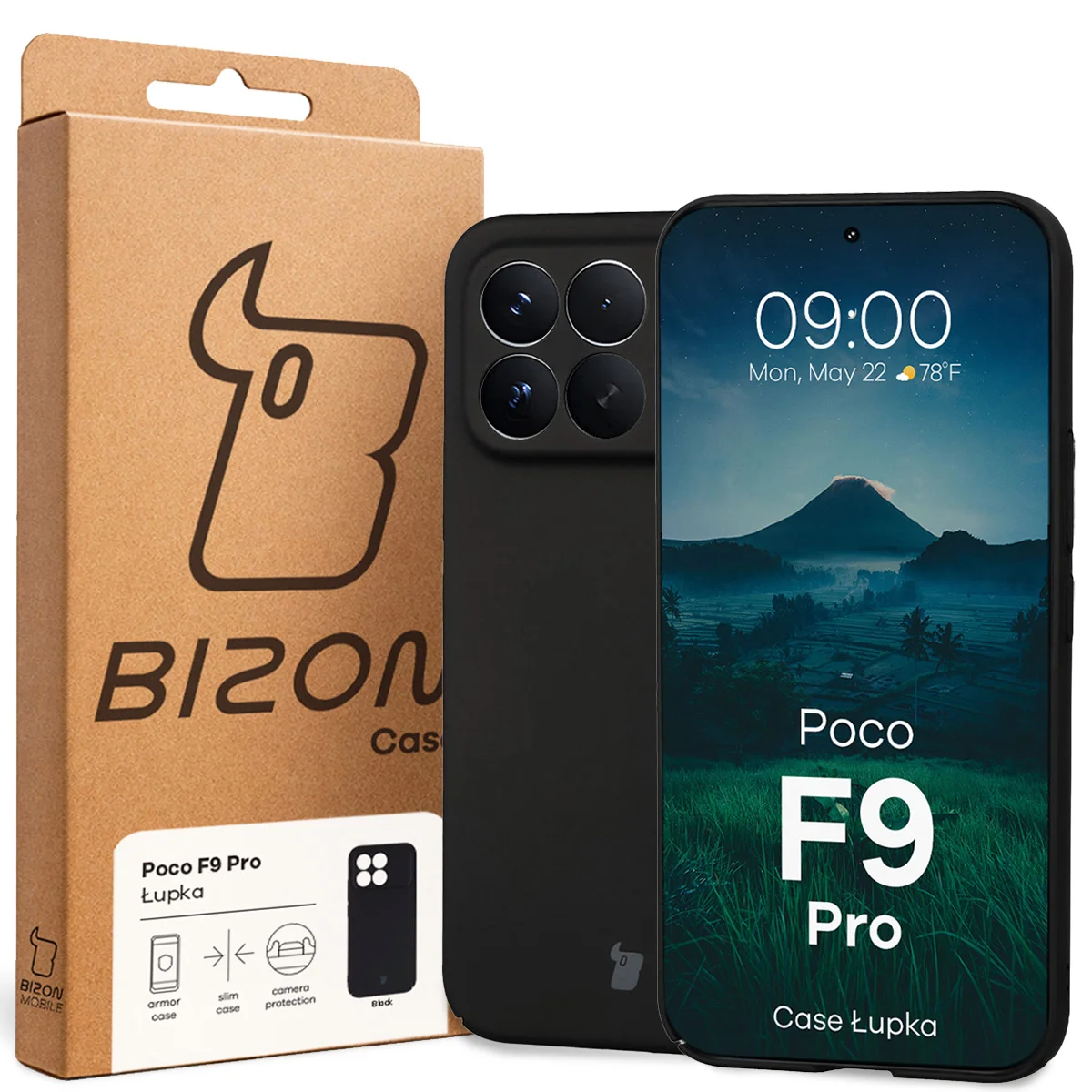 Przód pudełka Bizon Case z dedykowaną etykietą do Xiaomi POCO F9 Pro