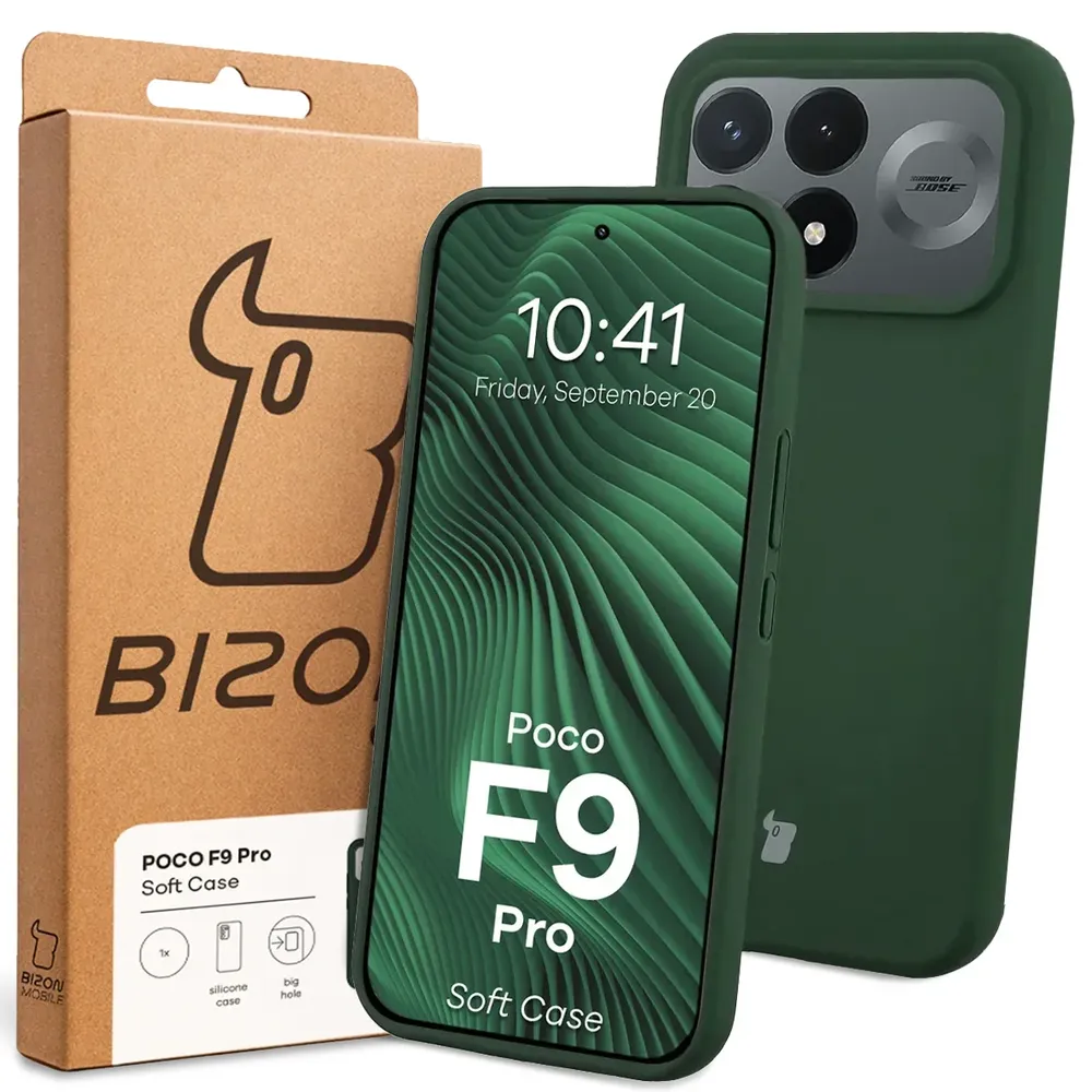 Przód pudełka Bizon Case z dedykowaną etykietą do Xiaomi POCO F9 Pro