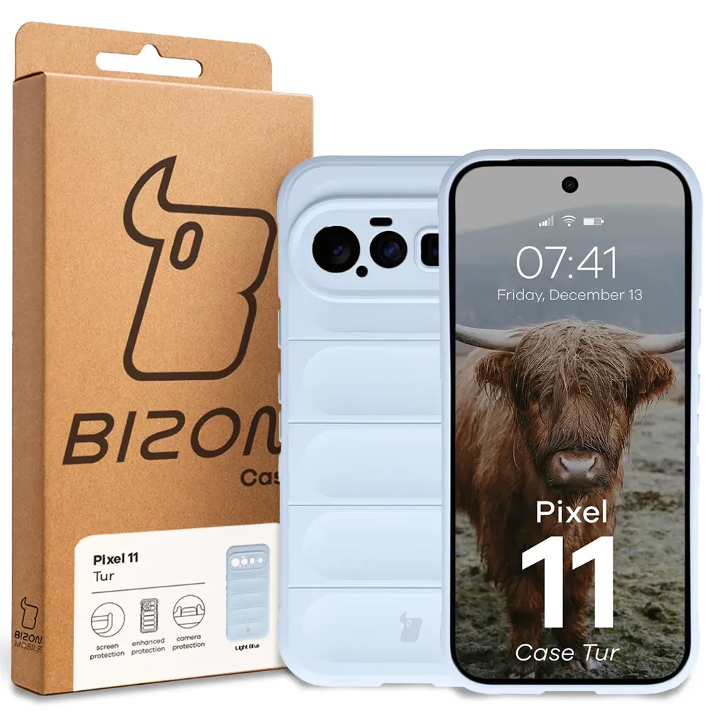 Przód pudełka Bizon Case z dedykowaną etykietą do Google Pixel 11