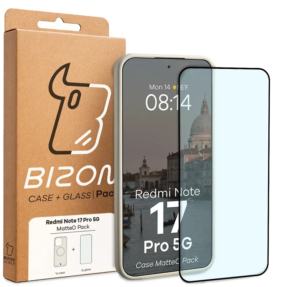 Przód pudełka Bizon Case Matteo Pack z dedykowaną etykietą do Xiaomi Redmi Note 17 Pro 5G