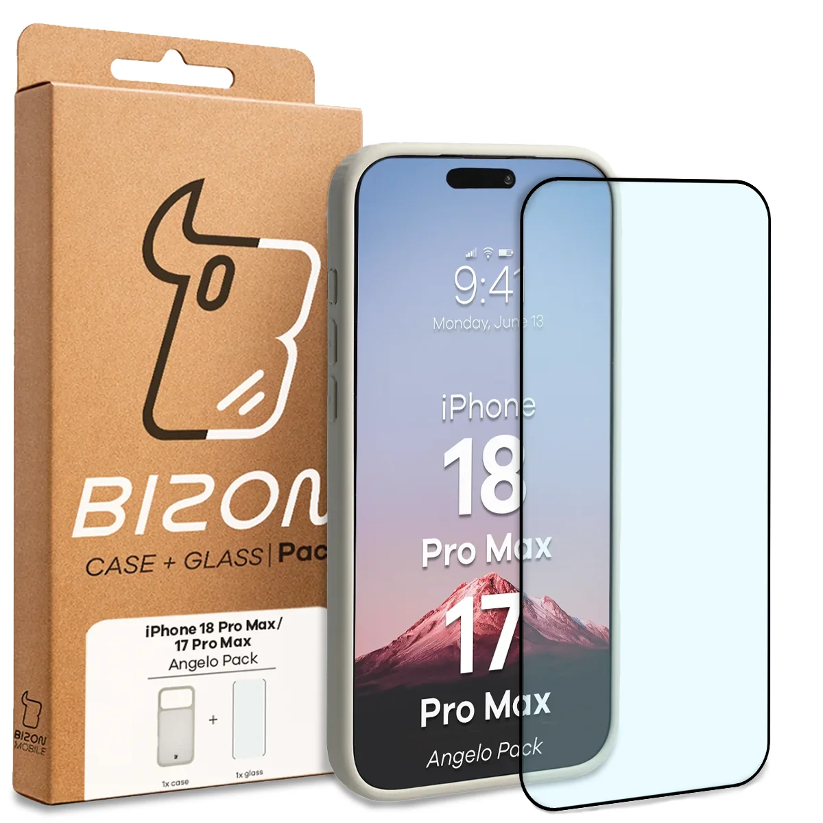 Przód pudełka Bizon Case Angelo Pack z dedykowaną etykietą do iPhone 18 Pro Max / 17 Pro Max
