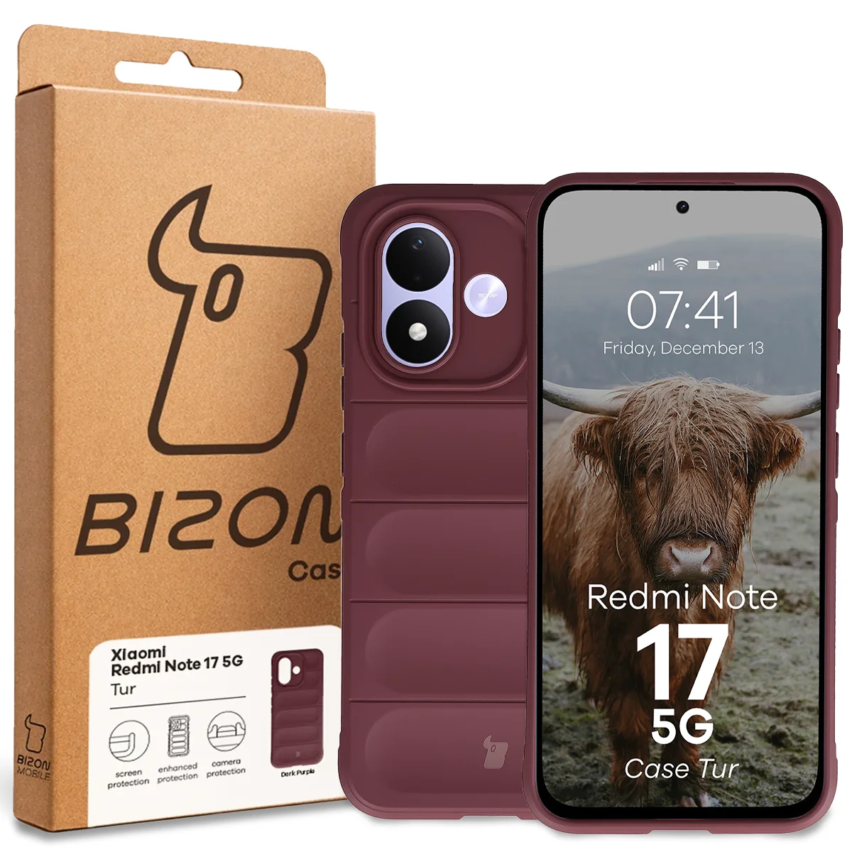 Przód pudełka Bizon Case z dedykowaną etykietą do Xiaomi Redmi Note 17 5G