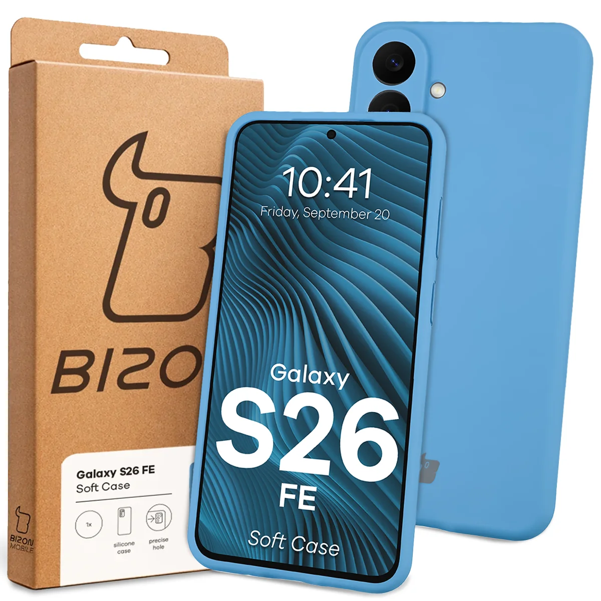 Przód pudełka Bizon Case z dedykowaną etykietą do Galaxy S26 FE