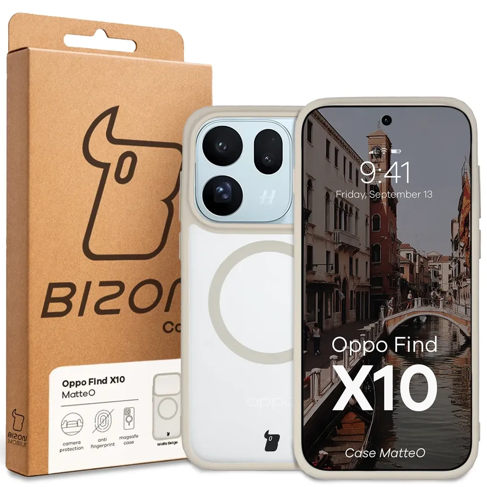 Przód pudełka Bizon Case z dedykowaną etykietą do OPPO Find X10