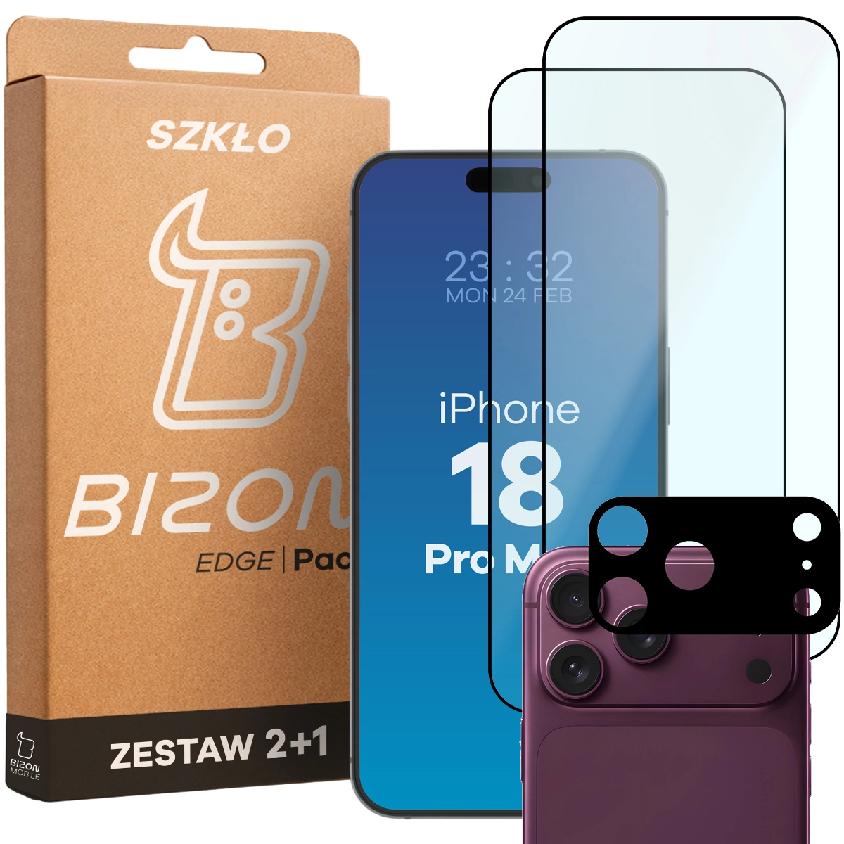 Pudełko i zestaw szkieł do iPhone 18 Pro Max: 2x szkło hartowane i lens
