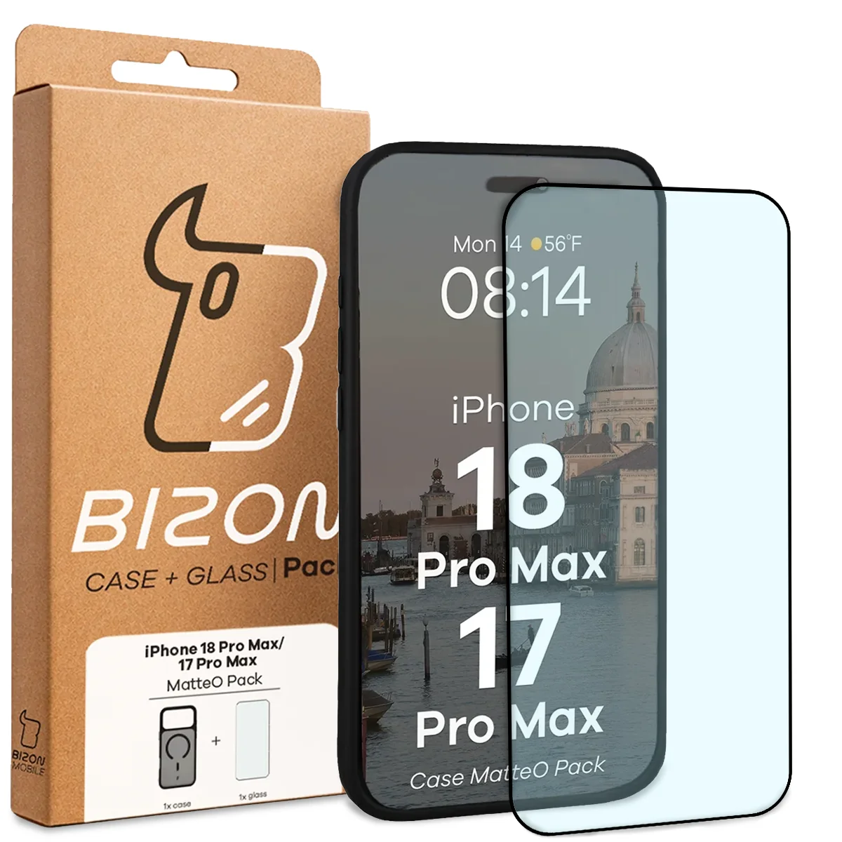 Przód pudełka Bizon Case Matteo Pack z dedykowaną etykietą do iPhone 18 Pro Max / 17 Pro Max