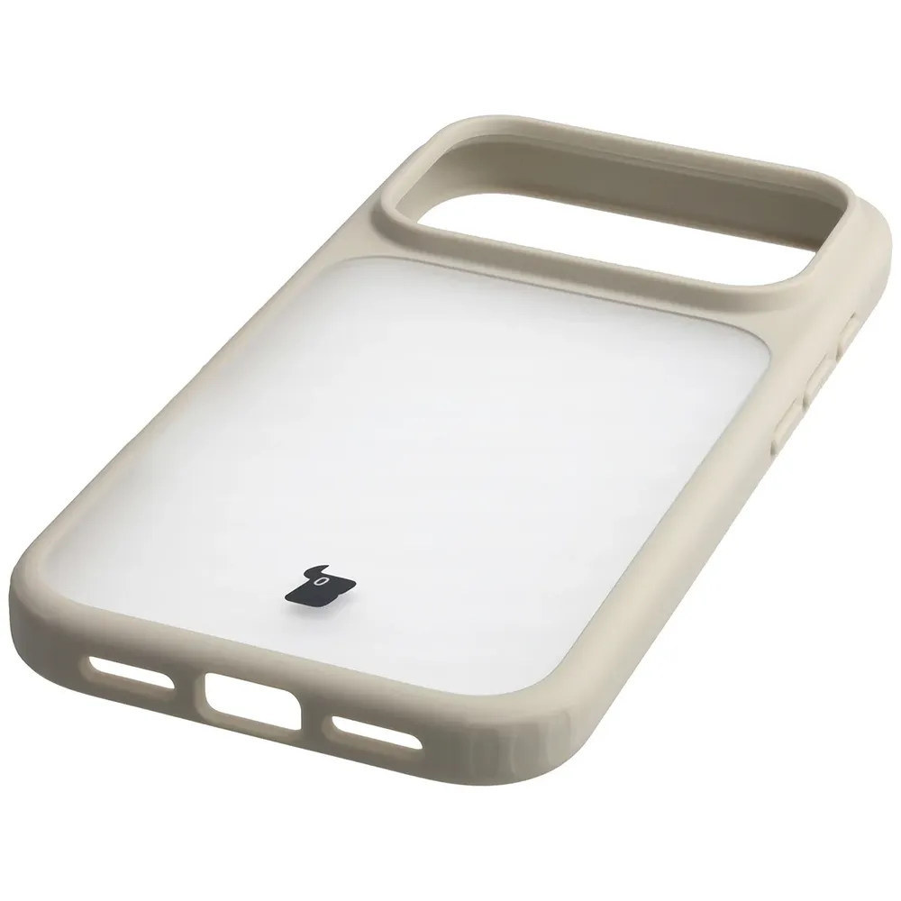 Zintegrowane przyciski, wycięcia i hybrydowy materiał w etui Bizon Case Angelo do iPhone 18 Pro / 17 Pro