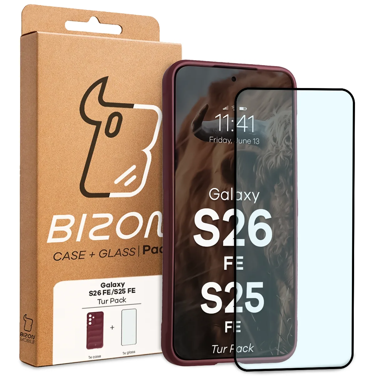 Przód pudełka Bizon Tur Pack z dedykowaną etykietą do Galaxy S25 FE, Galaxy S26 FE