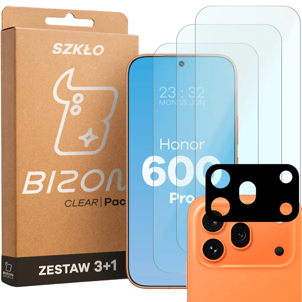 Pudełko i zestaw szkieł do HONOR 600 Pro 5G: 3x szkło hartowane i lens