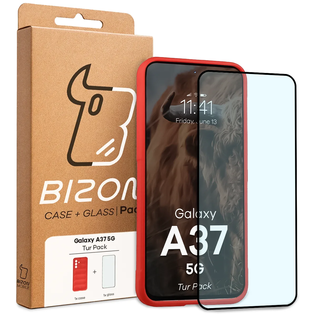 Przód pudełka Bizon Tur Pack z dedykowaną etykietą do Galaxy A37 5G