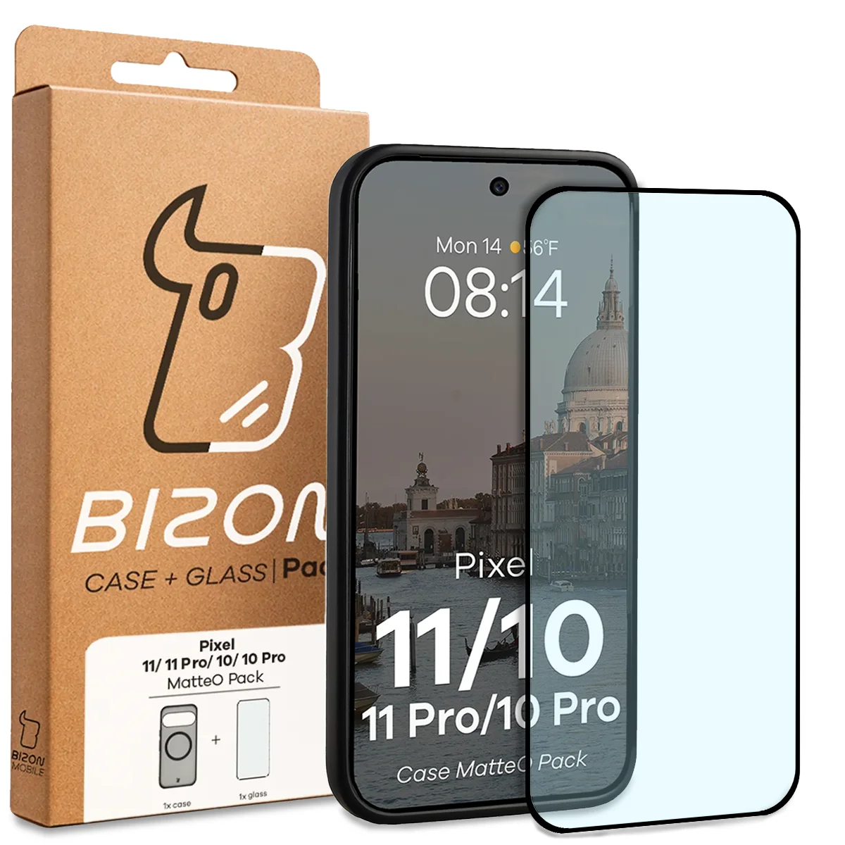 Przód pudełka Bizon Case Matteo Pack z dedykowaną etykietą do Google Pixel 10 Pro / Google Pixel 10, Google Pixel 11 Pro / Google Pixel 11