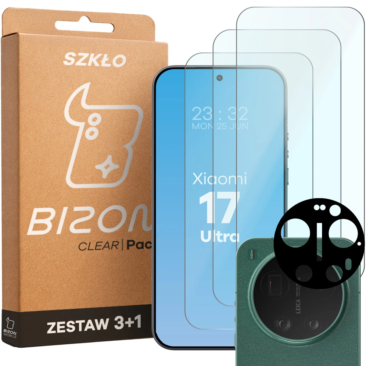 Pudełko i zestaw szkieł do Xiaomi 17 Ultra: 3x szkło hartowane i lens