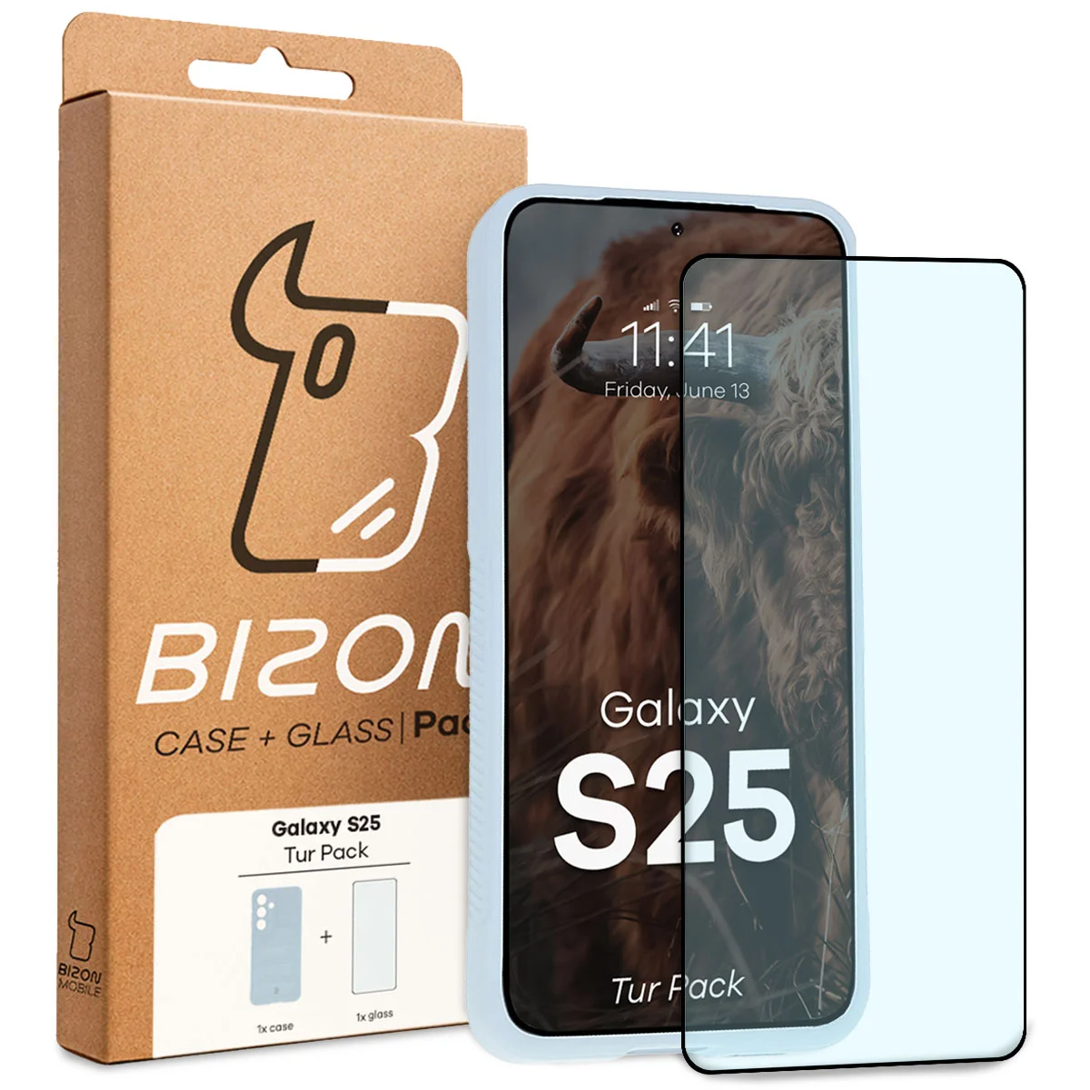 Przód pudełka Bizon Tur Pack z dedykowaną etykietą do Galaxy S25