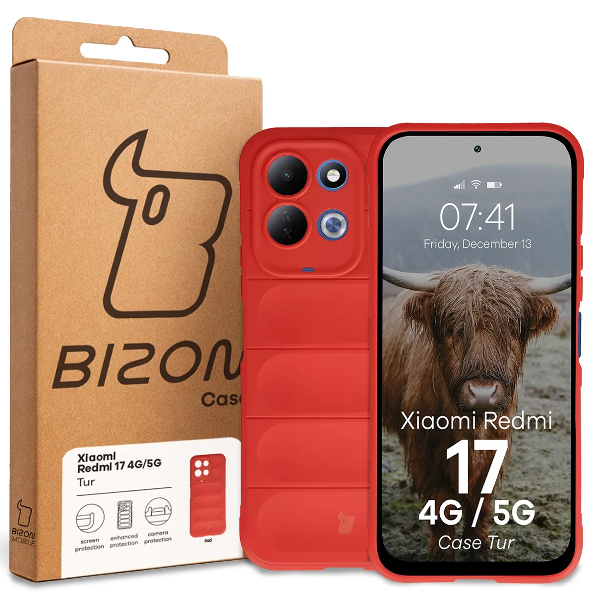 Przód pudełka Bizon Case z dedykowaną etykietą do Xiaomi Redmi 17 5G / 4G