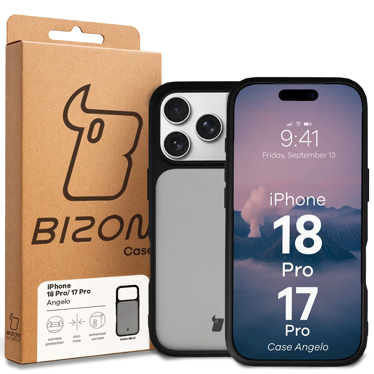 Przód pudełka Bizon Case z dedykowaną etykietą do iPhone 18 Pro / 17 Pro