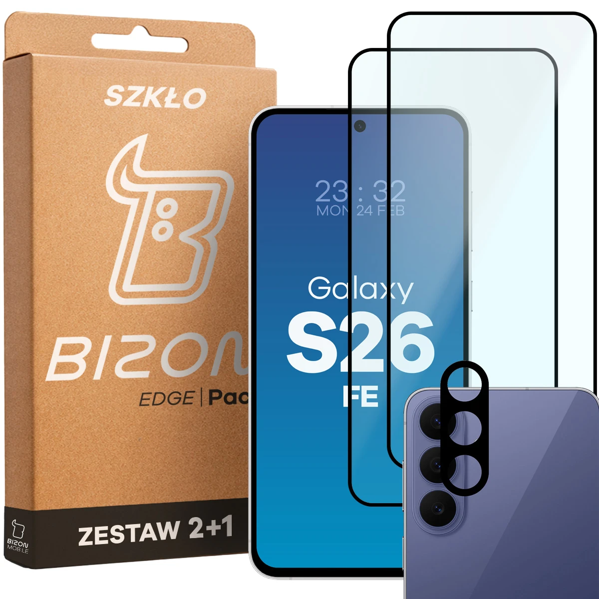 Pudełko i zestaw szkieł do Galaxy S26 FE: 2x szkło hartowane i lens