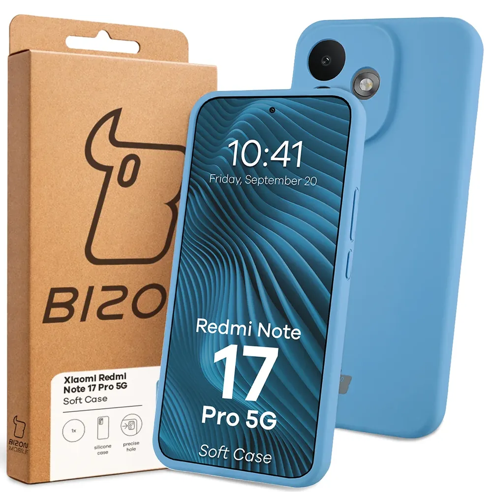 Przód pudełka Bizon Case z dedykowaną etykietą do Xiaomi Redmi Note 17 Pro 5G