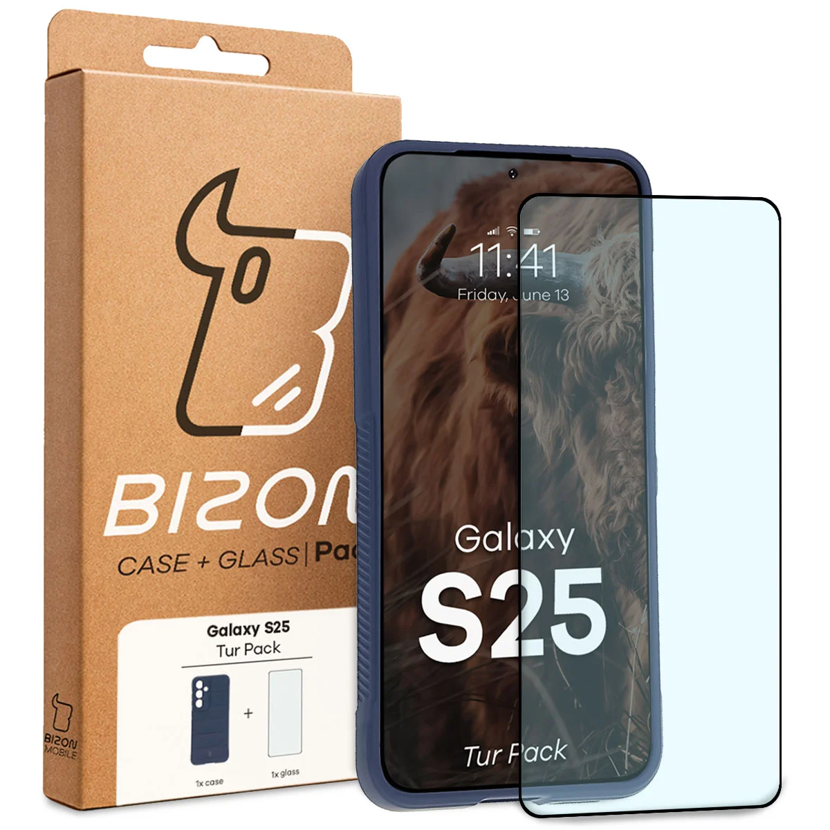 Przód pudełka Bizon Tur Pack z dedykowaną etykietą do Galaxy S25