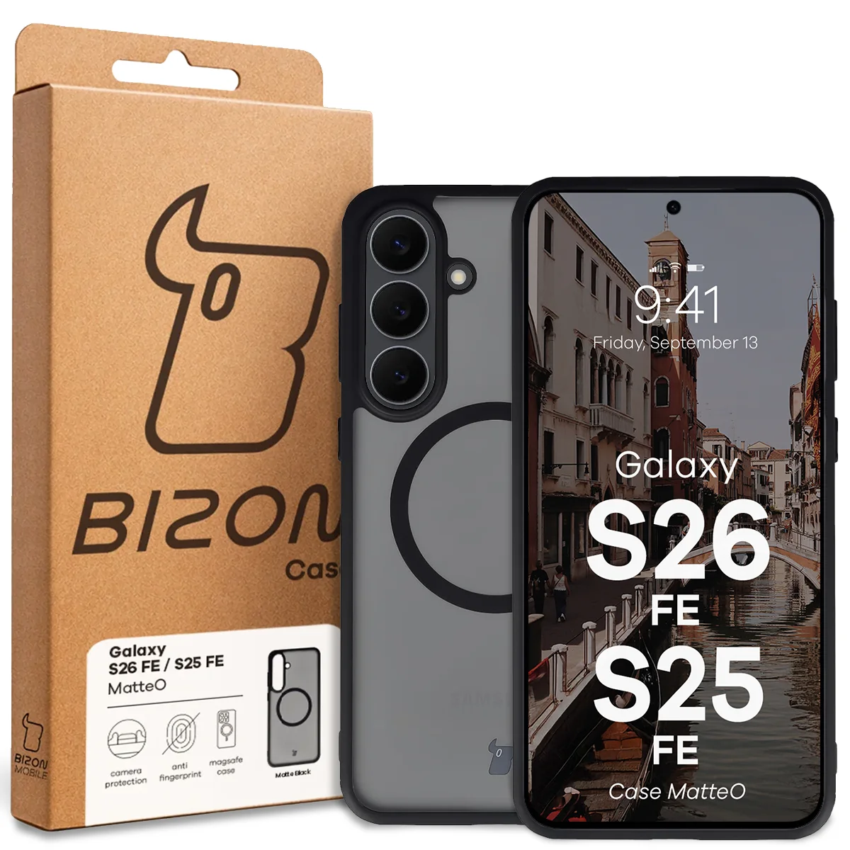 Przód pudełka Bizon Case z dedykowaną etykietą do Galaxy S25 FE, Galaxy S26 FE