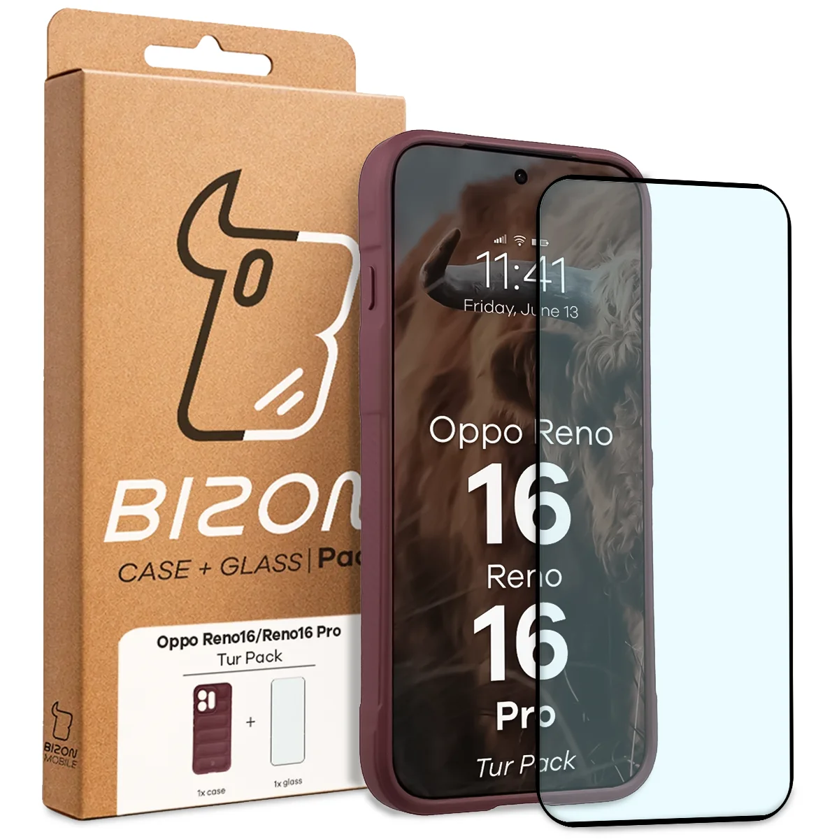 Przód pudełka Bizon Tur Pack z dedykowaną etykietą do OPPO Reno16 Pro / OPPO Reno16