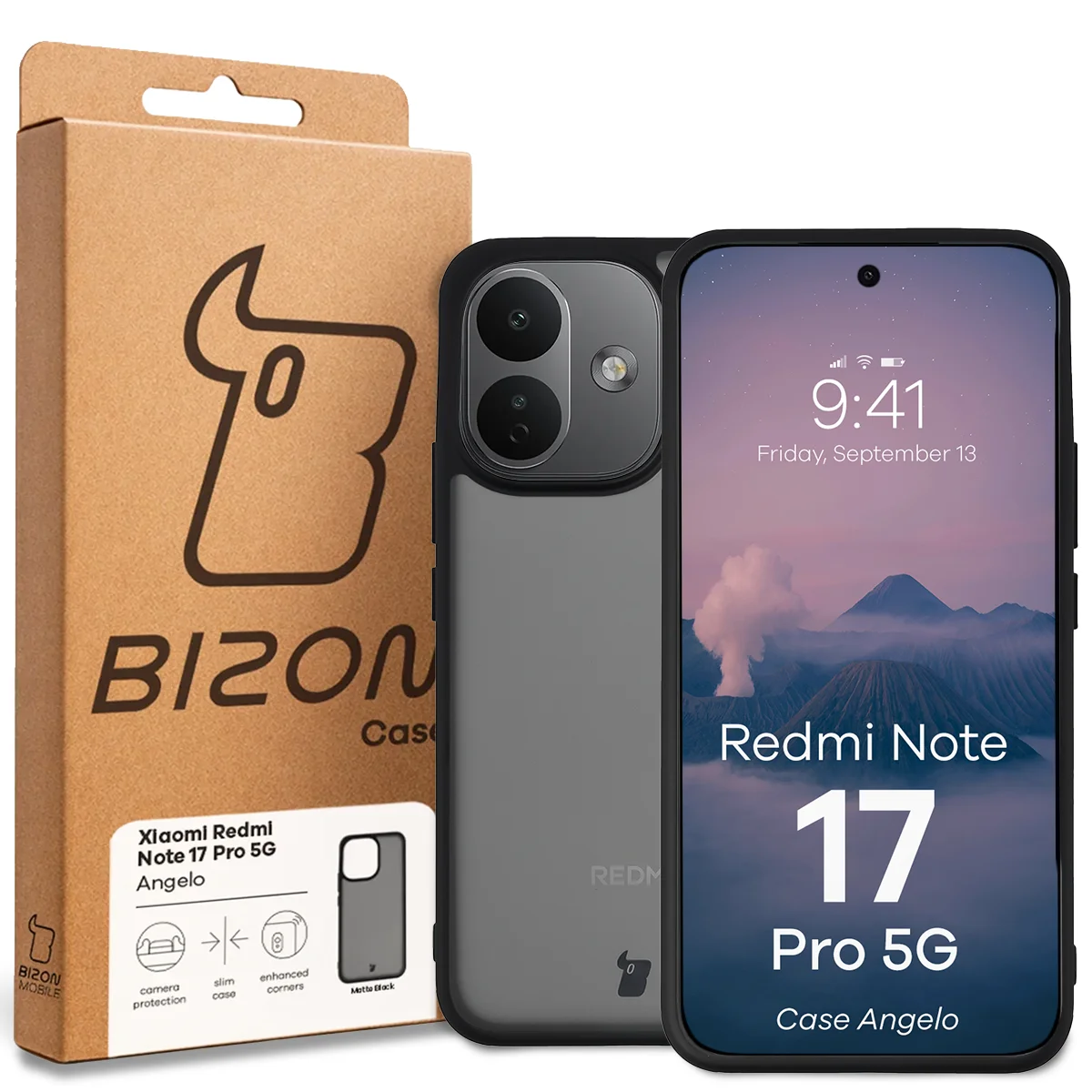 Przód pudełka Bizon Case z dedykowaną etykietą do Xiaomi Redmi Note 17 Pro 5G