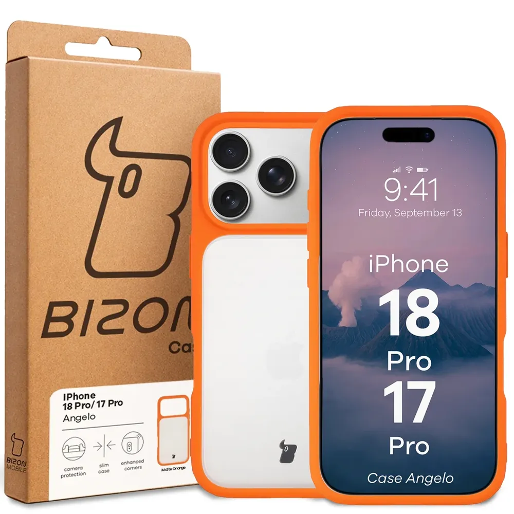 Przód pudełka Bizon Case z dedykowaną etykietą do iPhone 18 Pro / 17 Pro