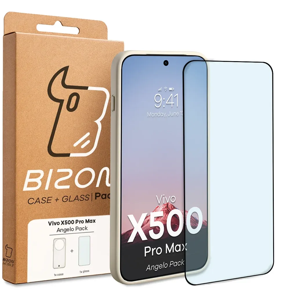 Przód pudełka Bizon Case Angelo Pack z dedykowaną etykietą do Vivo X500 Pro Max