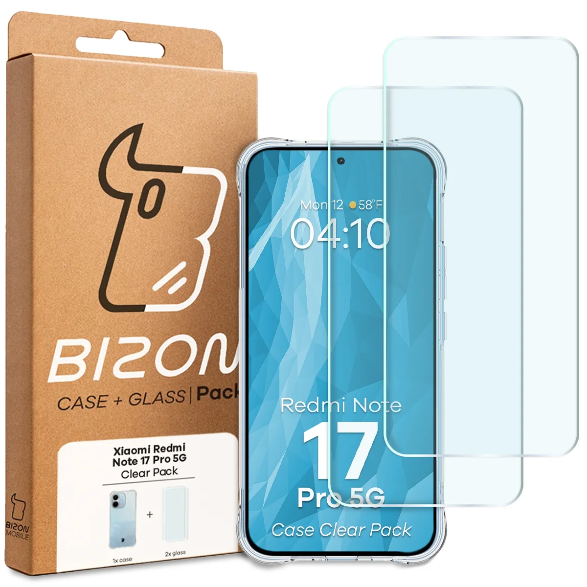 Przód pudełka Bizon Case+Glass z dedykowaną etykietą do Xiaomi Redmi Note 17 Pro 5G