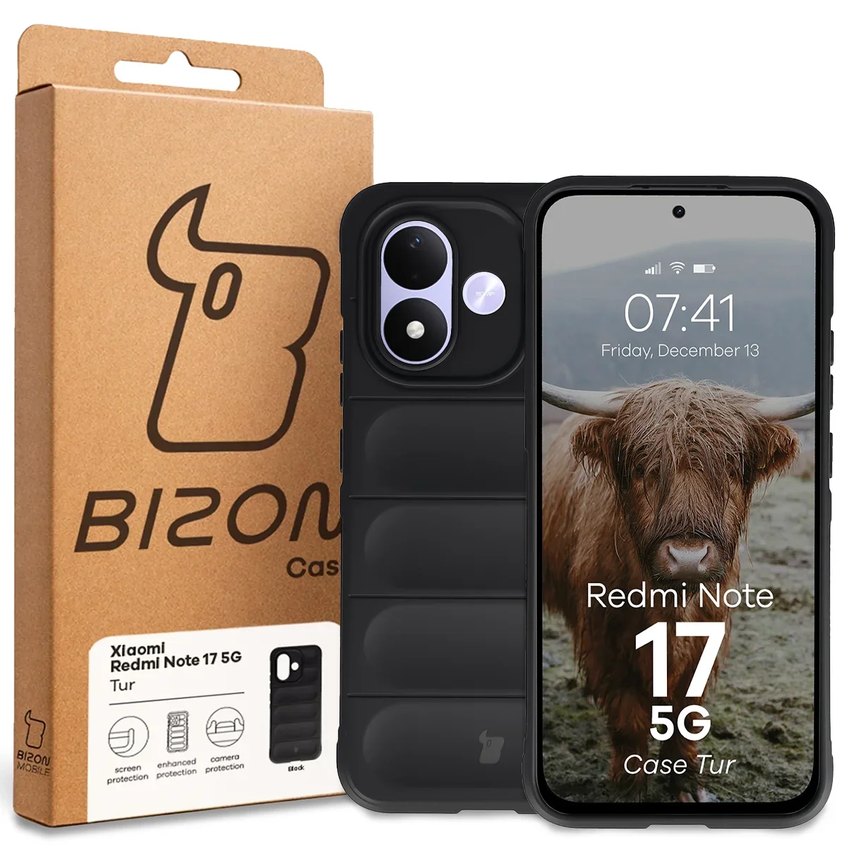 Przód pudełka Bizon Case z dedykowaną etykietą do Xiaomi Redmi Note 17 5G