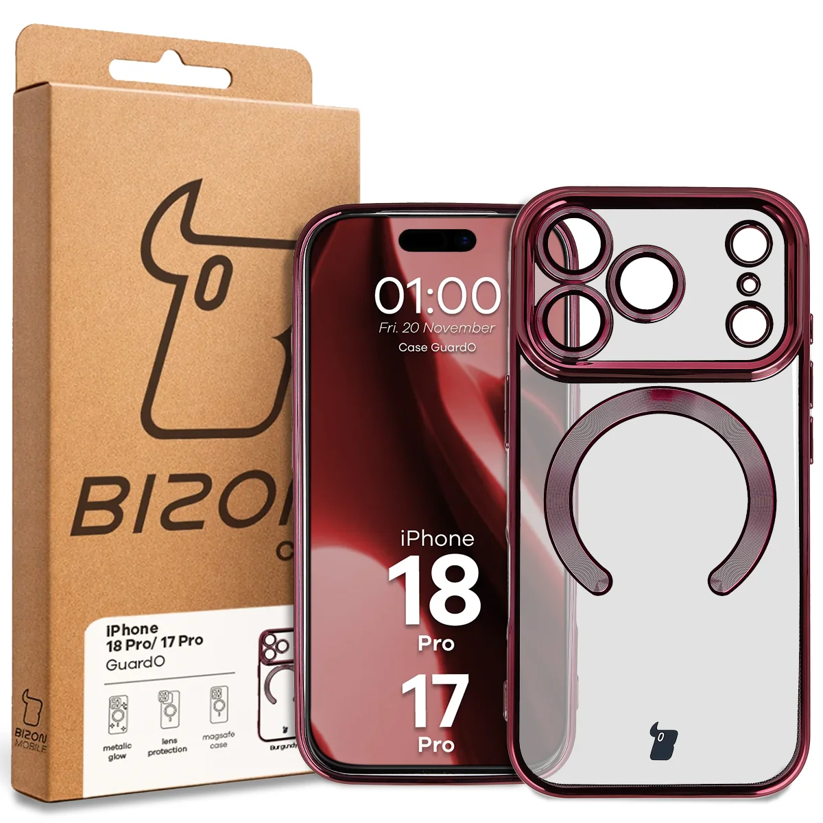 Przód pudełka Bizon Case z dedykowaną etykietą do iPhone 18 Pro / 17 Pro