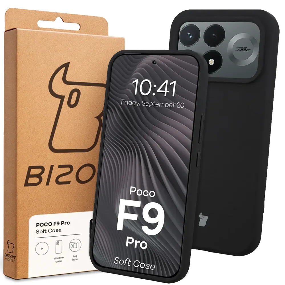Przód pudełka Bizon Case z dedykowaną etykietą do Xiaomi POCO F9 Pro