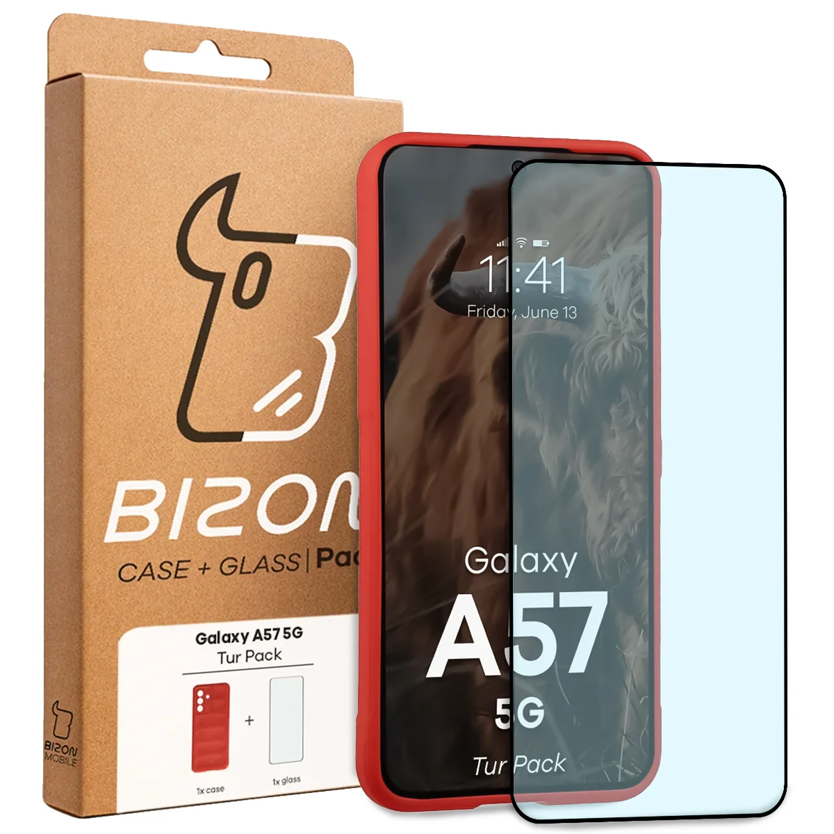 Przód pudełka Bizon Tur Pack z dedykowaną etykietą do Galaxy A57 5G