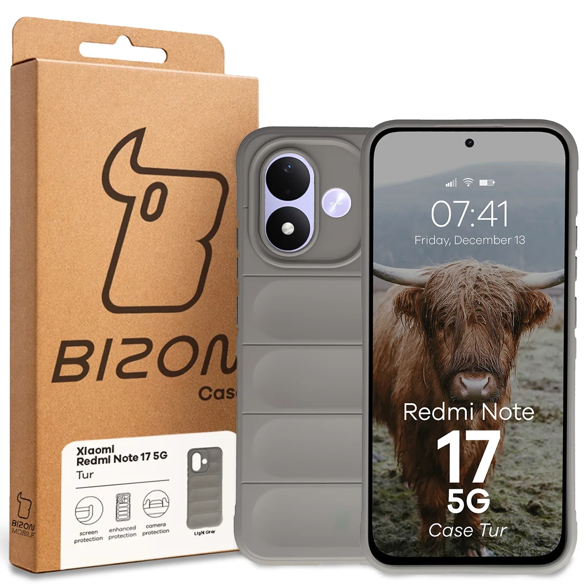 Przód pudełka Bizon Case z dedykowaną etykietą do Xiaomi Redmi Note 17 5G