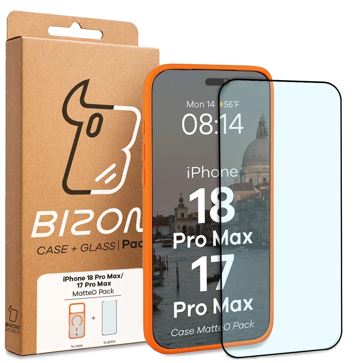 Przód pudełka Bizon Case Matteo Pack z dedykowaną etykietą do iPhone 18 Pro Max / 17 Pro Max