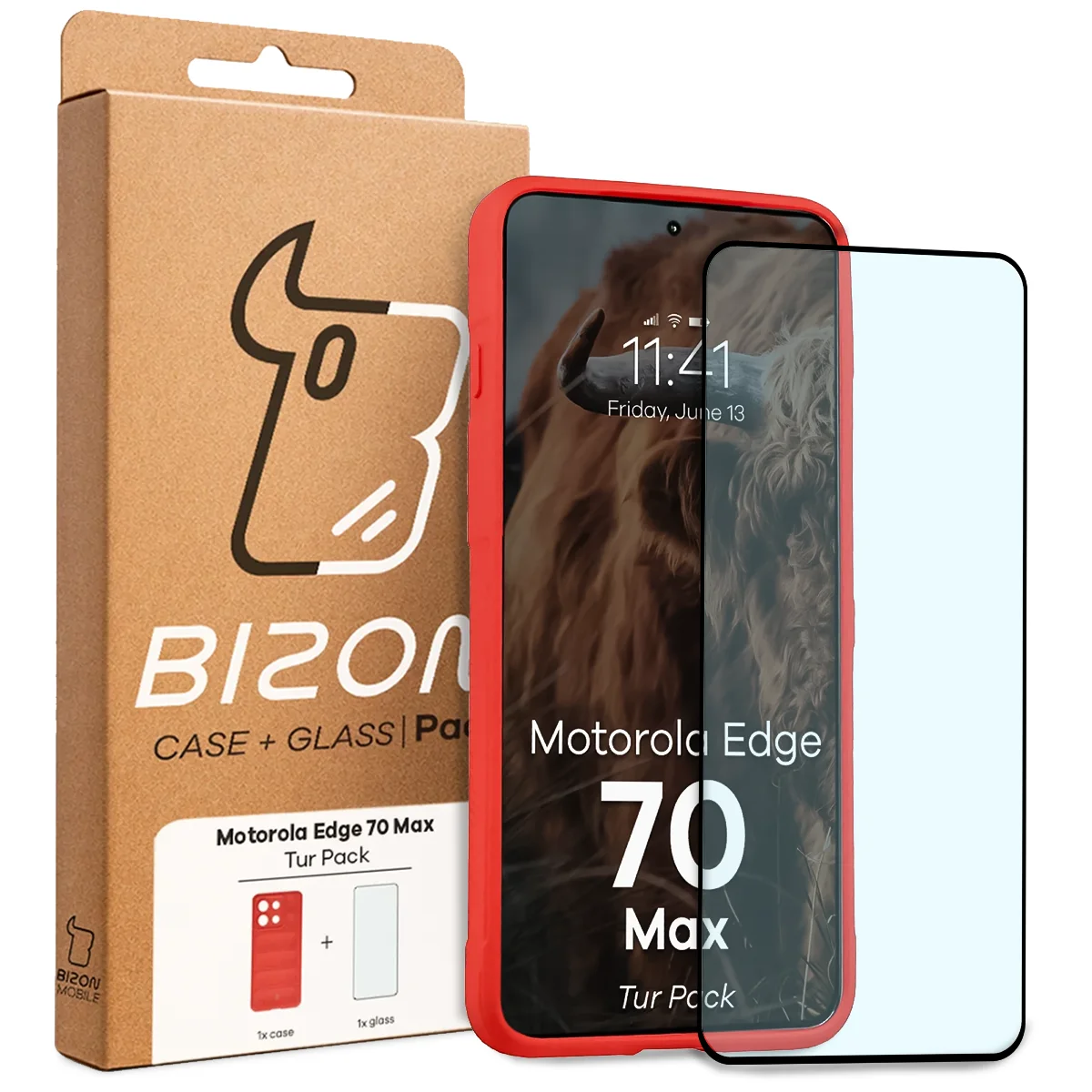 Przód pudełka Bizon Tur Pack z dedykowaną etykietą do Motorola Edge 70 Max