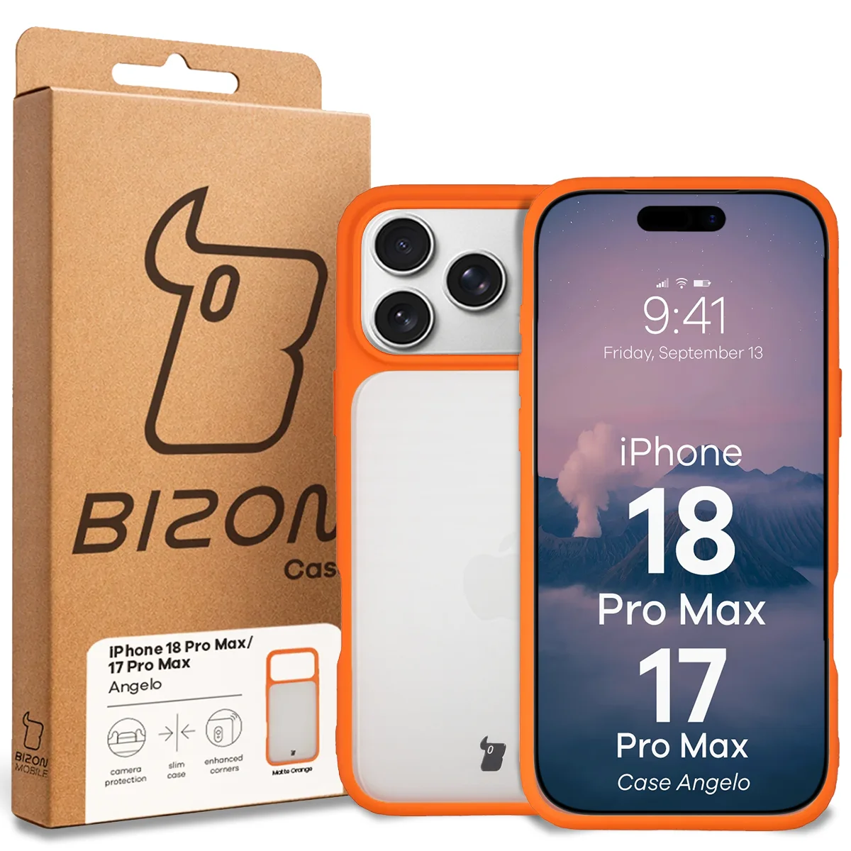 Przód pudełka Bizon Case z dedykowaną etykietą do iPhone 18 Pro Max / 17 Pro Max