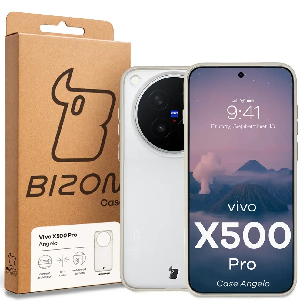 Przód pudełka Bizon Case z dedykowaną etykietą do Vivo X500 Pro
