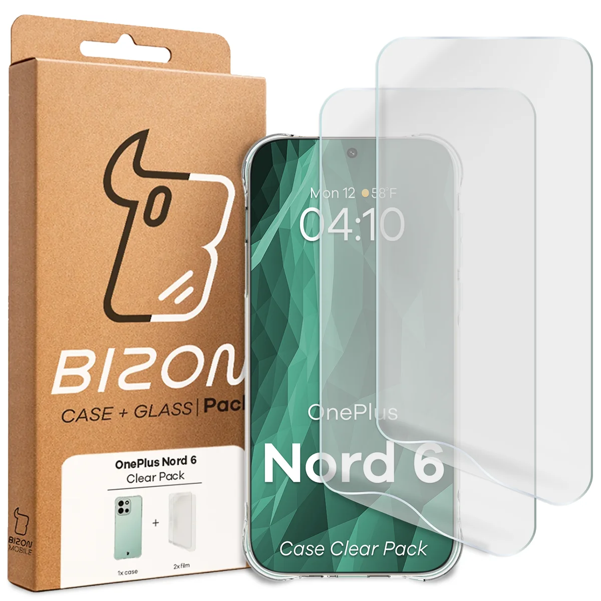 Przód pudełka Bizon Case+Glass z dedykowaną etykietą do OnePlus Nord 6